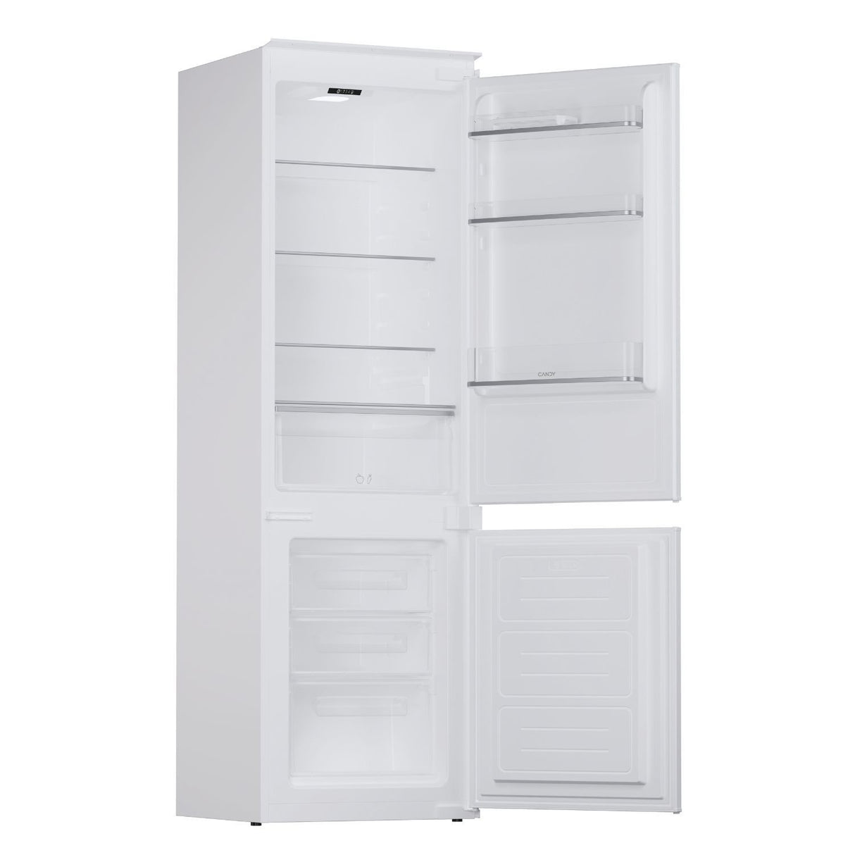 White refrigerator with open door on a white background