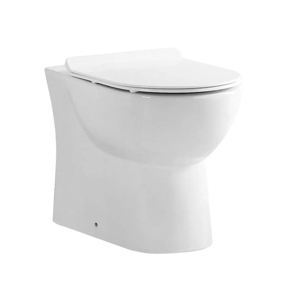 White ceramic close coupled toilet with soft close seat and back to wall design, modern shrouded pan style bathroom fixture