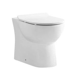 White ceramic close coupled toilet with soft close seat and back to wall design, modern shrouded pan style bathroom fixture