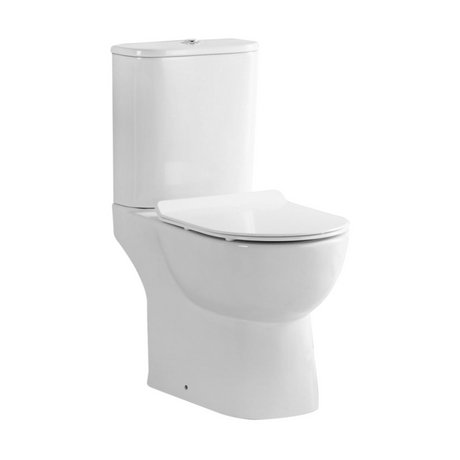 White ceramic close coupled toilet with soft close seat and cistern, modern back to wall design with fully shrouded pan
