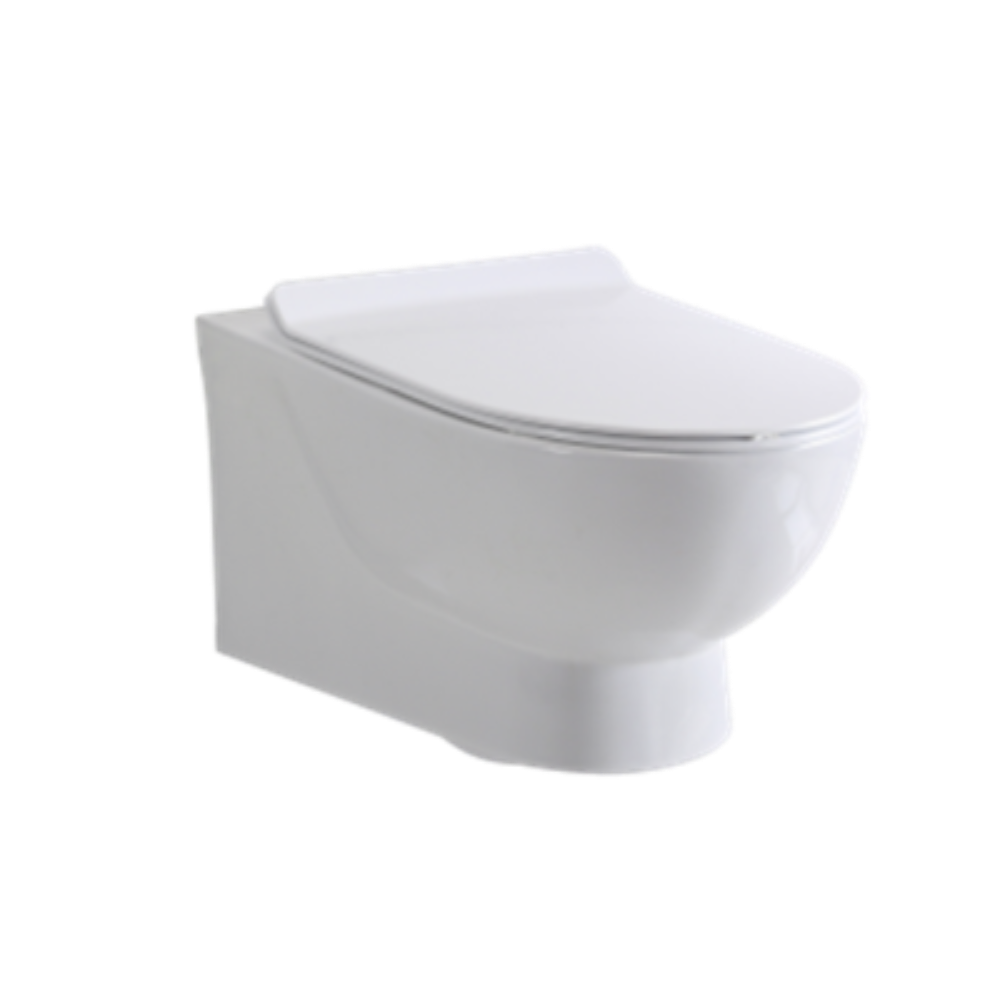 White ceramic wall-hung toilet with soft-close seat cover and shrouded design, modern minimalist bathroom fixture shown at three-quarter angle against white background