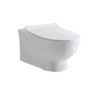 White ceramic wall-hung toilet with soft-close seat cover and shrouded design, modern minimalist bathroom fixture shown at three-quarter angle against white background