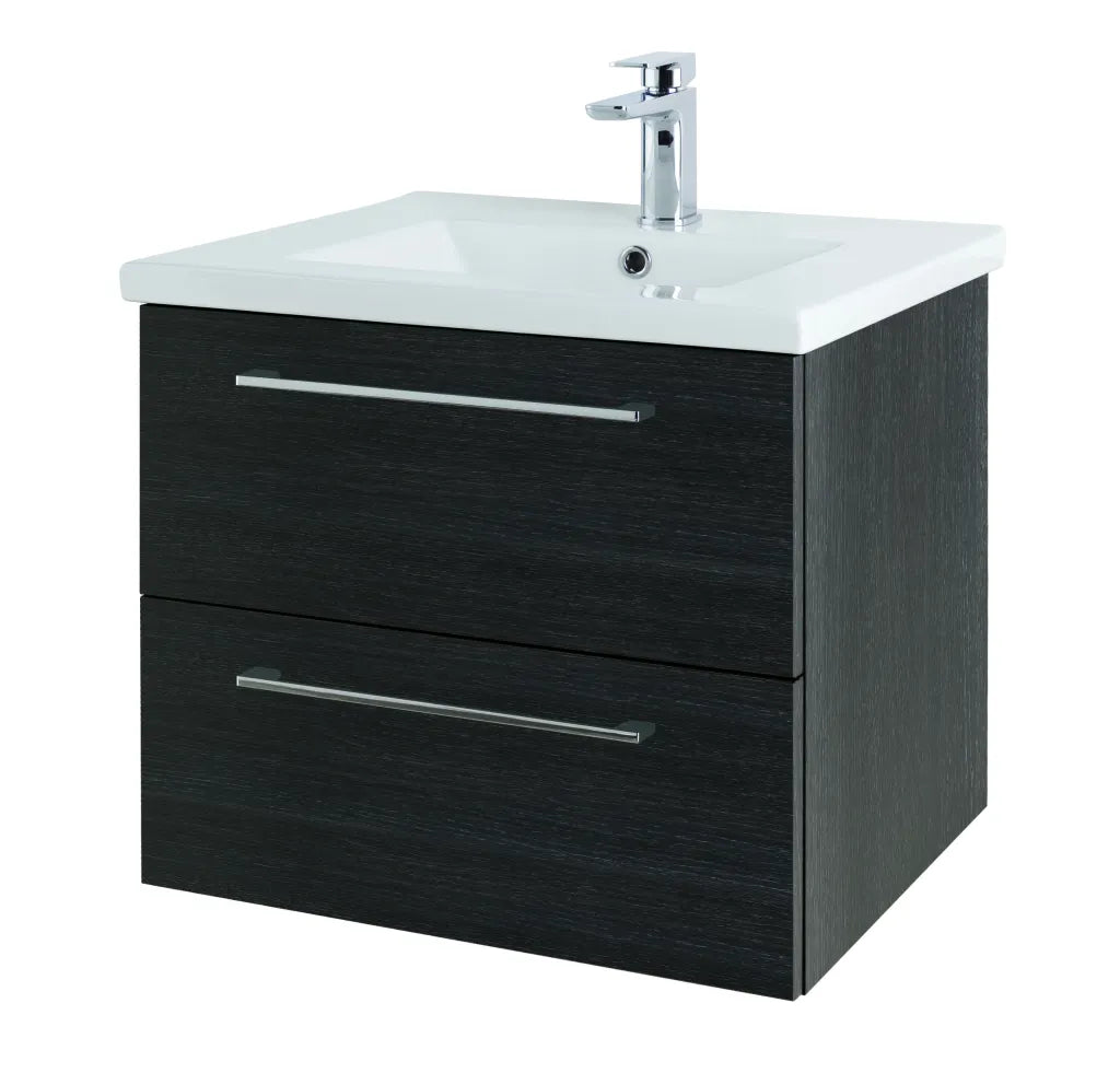 Modern wall hung bathroom vanity unit in shadow black wood finish with white ceramic sink, chrome waterfall tap and two soft-close drawers with metal handles, 600mm width