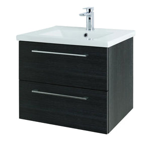 Modern wall hung bathroom vanity unit in shadow black wood finish with white ceramic sink, chrome waterfall tap and two soft-close drawers with metal handles, 600mm width