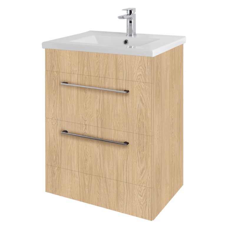 Light oak wall hung bathroom vanity unit with white ceramic sink, chrome tap and two drawers with metal handles
