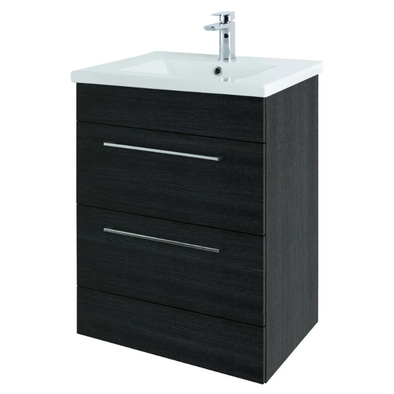 Black wood bathroom vanity unit with white ceramic sink and chrome faucet featuring two drawers with metal handles