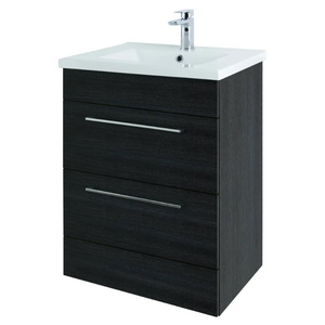Black wood bathroom vanity unit with white ceramic sink and chrome faucet featuring two drawers with metal handles