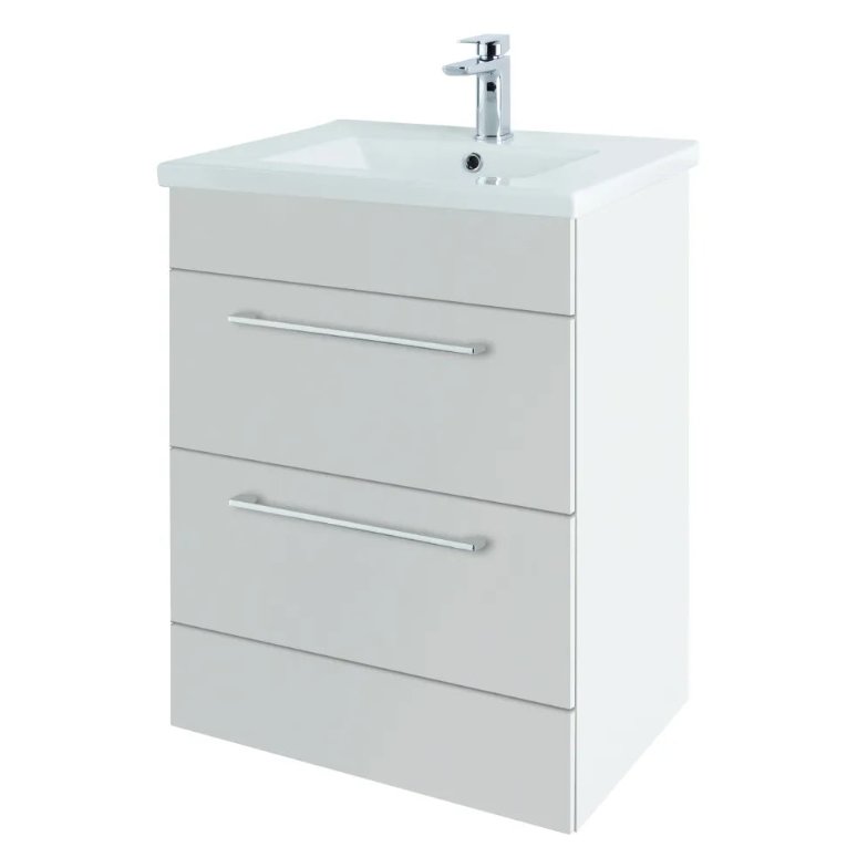 White wall-mounted bathroom vanity unit with ceramic sink and chrome tap, featuring two storage drawers with metal handles and clean modern design