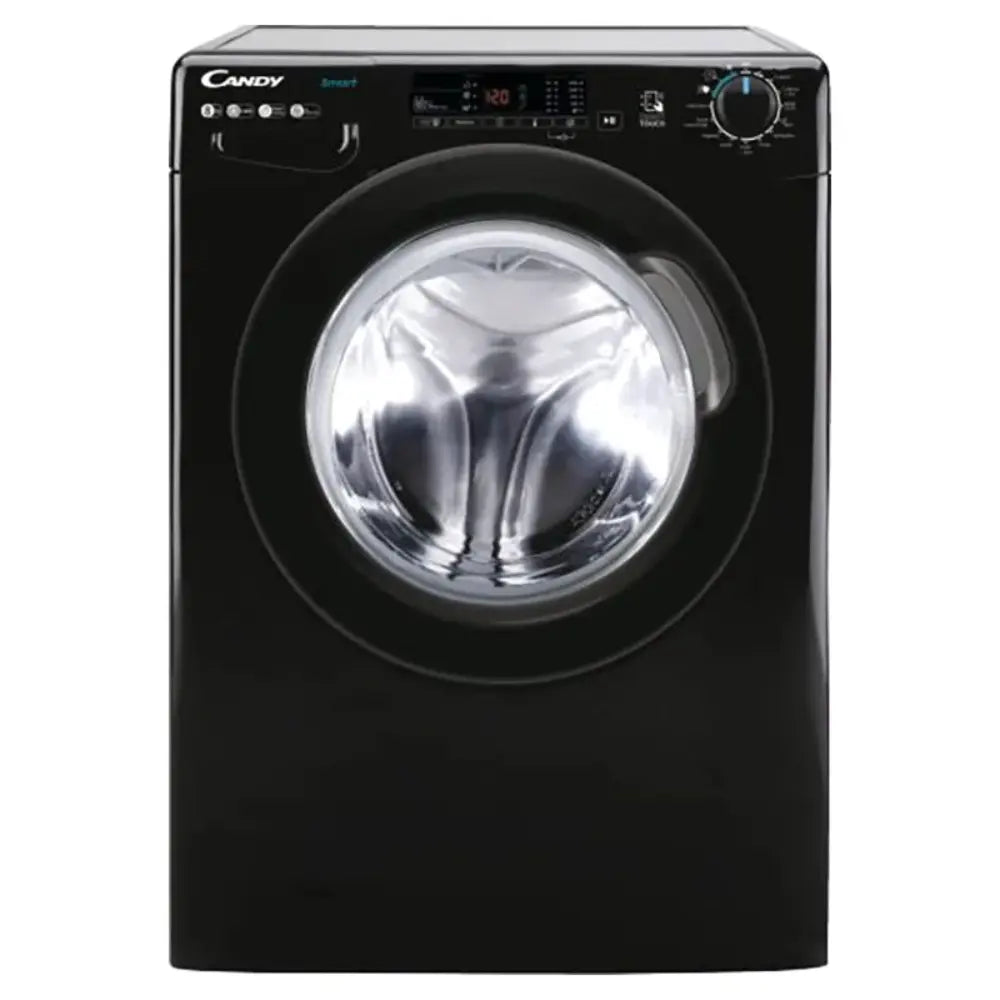 Candy CS148TWBB4/1-80 black freestanding washing machine with 8kg capacity and 1400 spin speed, featuring digital display and control panel