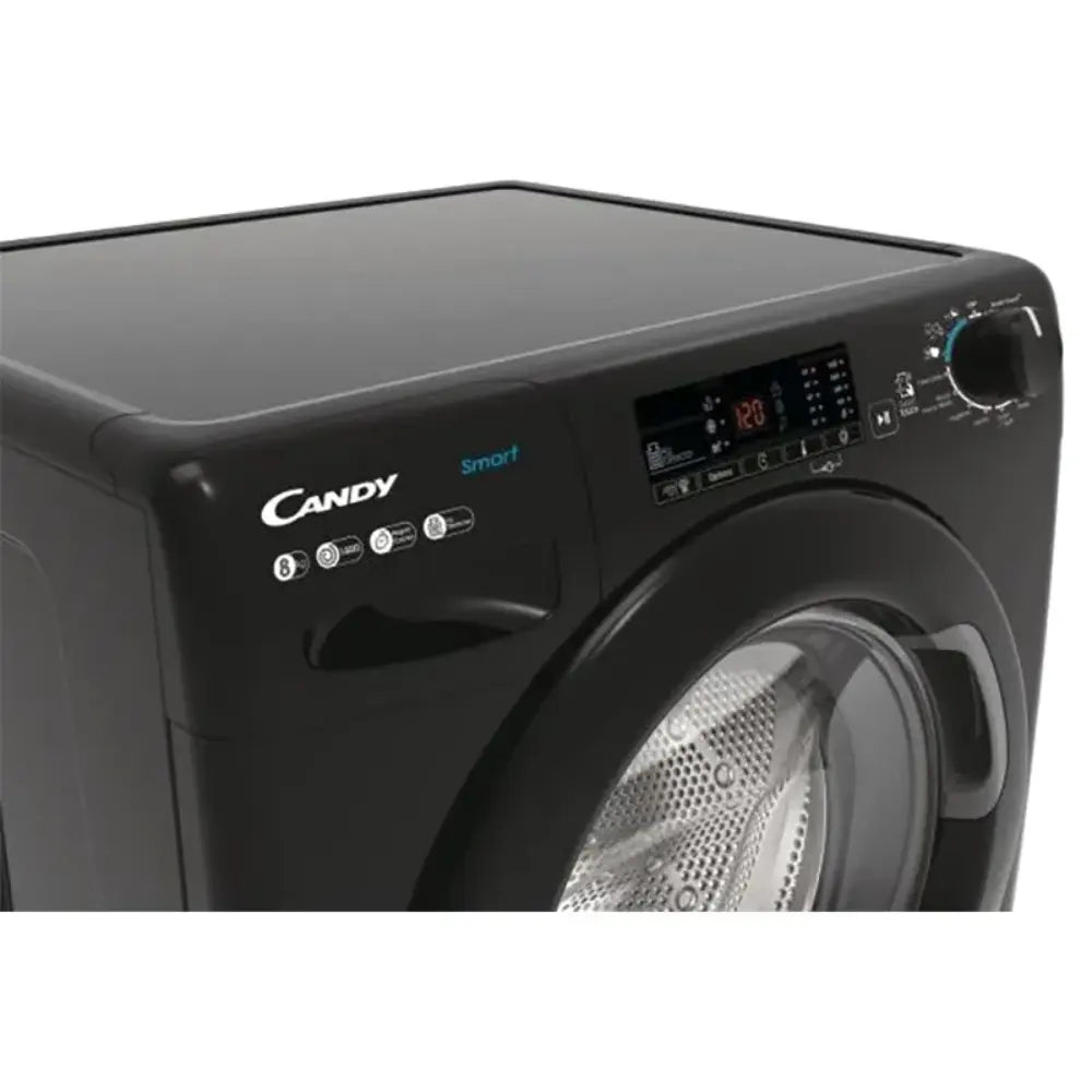 Candy CS148TWBB4/1-80 black front-load washing machine with 8kg capacity and 1400 spin speed, featuring smart technology controls and digital display panel