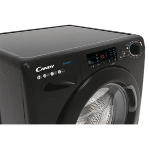 Candy CS148TWBB4/1-80 black front-load washing machine with 8kg capacity and 1400 spin speed, featuring smart technology controls and digital display panel