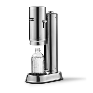 Silver soda maker with a clear bottle filled with a fizzy drink on a white background