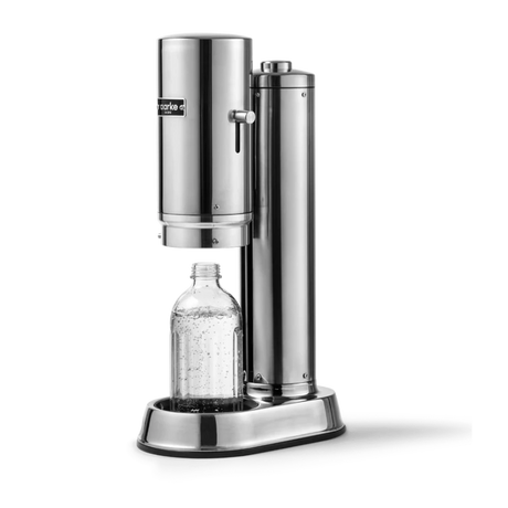 Silver soda maker with a clear bottle filled with a fizzy drink on a white background