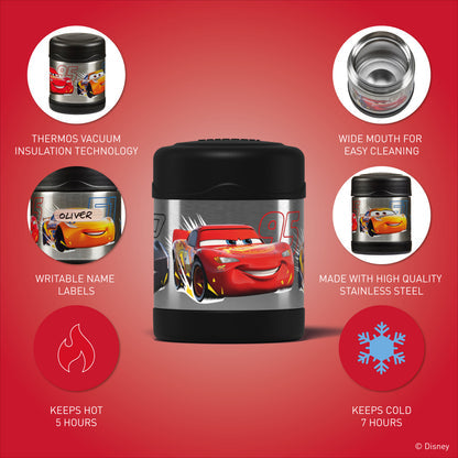 A Disney Cars branded stainless steel thermos tumbler with Lightning McQueen artwork, shown on a red background with feature callouts and circular inset images highlighting vacuum insulation, wide mouth for cleaning, writable name labels, and high-quality steel construction.