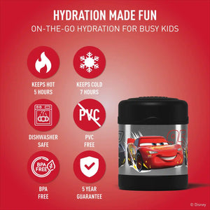 A Disney Cars branded stainless steel hydration tumbler with a black lid, shown on a red promotional background with feature icons and text about hot/cold retention, dishwasher safety, PVC-free, BPA-free, and a 5-year guarantee.