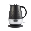 Morphy Richards Cassini 1.7 litre jug kettle in moonless night black with white base, featuring hexagonal pattern design on the body, stainless steel accents, black handle and cord, sitting on matching black base