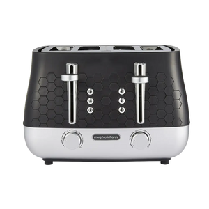 Morphy Richards Cassini 4 slice toaster with black hexagonal patterned top, white base, chrome handles, dual browning dials and function buttons for defrost, reheat and cancel settings