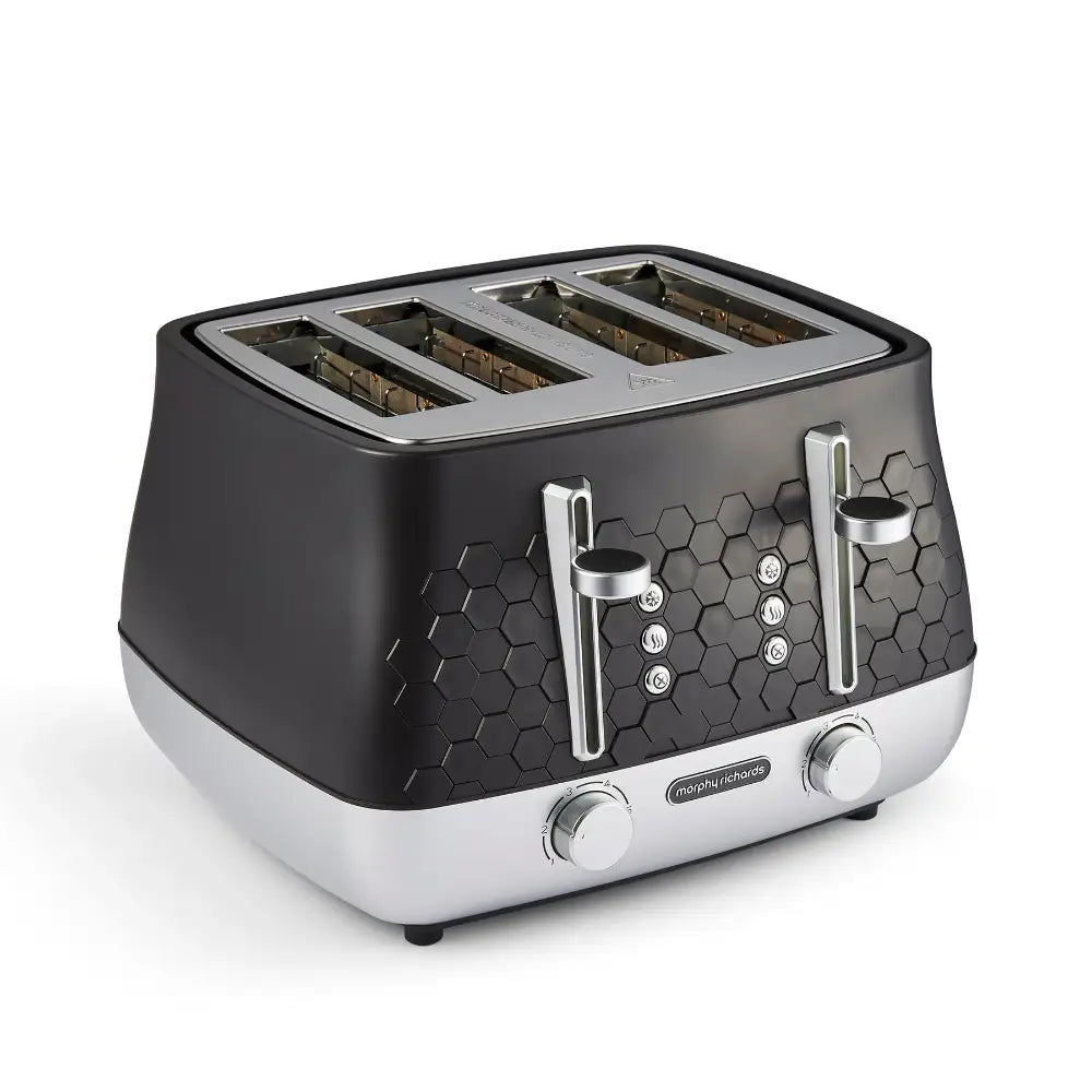 Morphy Richards Cassini 4 slice toaster with black and white finish featuring hexagonal pattern design, chrome handles and controls, stainless steel accents, and four wide browning slots