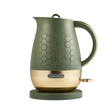Morphy Richards Cassini 1.7 litre jug kettle in olivine green with champagne gold base, featuring hexagonal texture pattern and cordless design on matching base