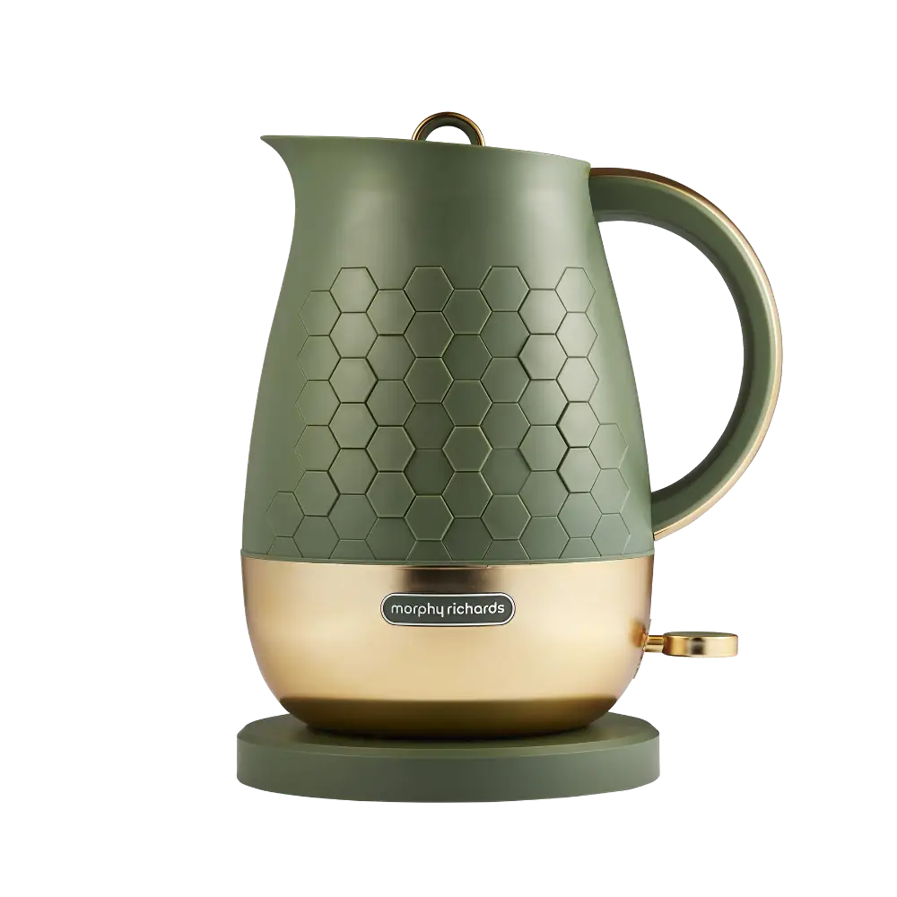 Morphy Richards Cassini 1.7 litre jug kettle in olivine green with champagne gold base, featuring hexagonal texture pattern and cordless design on matching base