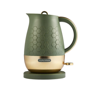 Morphy Richards Cassini 1.7 litre jug kettle in olivine green with champagne gold base, featuring hexagonal texture pattern and cordless design on matching base