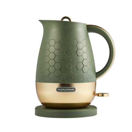 Morphy Richards Cassini 1.7 litre jug kettle in olivine green with champagne gold base, featuring hexagonal texture pattern and cordless design on matching base