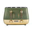 Morphy Richards Cassini 4 slice toaster in sage green and champagne gold with hexagonal pattern detail, dual pop-up mechanisms, and chrome browning controls