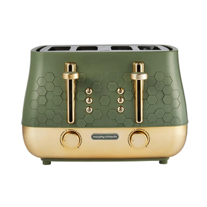 Morphy Richards Cassini 4 slice toaster in sage green and champagne gold with hexagonal pattern detail, dual pop-up mechanisms, and chrome browning controls