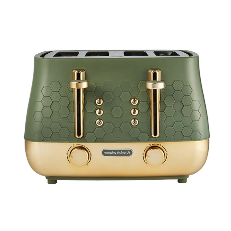 Morphy Richards Cassini 4 slice toaster in sage green and champagne gold with hexagonal pattern detail, dual pop-up mechanisms, and chrome browning controls