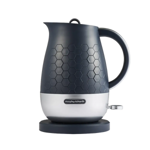 Morphy Richards Cassini 1.7 litre jug kettle in outer space grey and white with hexagonal pattern design, cordless electric kettle on black base