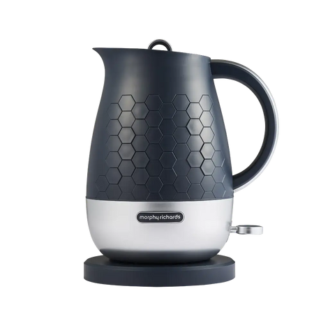 Morphy Richards Cassini 1.7 litre jug kettle in outer space grey and white with hexagonal pattern design, cordless electric kettle on black base