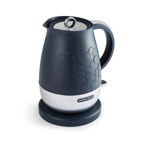 Morphy Richards Cassini 1.7 litre jug kettle in outer space grey with white base band, featuring hexagon pattern design, cordless design with black handle and matching base station