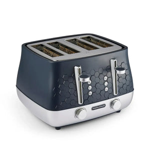 Morphy Richards Cassini 4 slice toaster in charcoal grey and white with hexagonal texture pattern, chrome accents, two pop-up levers, and dual control dials on front