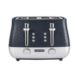 Morphy Richards Cassini 4 slice toaster with dark grey hexagonal patterned top, white base, chrome pop-up levers, and dual control dials featuring defrost, reheat and cancel buttons