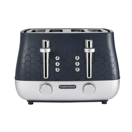 Morphy Richards Cassini 4 slice toaster with dark grey hexagonal patterned top, white base, chrome pop-up levers, and dual control dials featuring defrost, reheat and cancel buttons