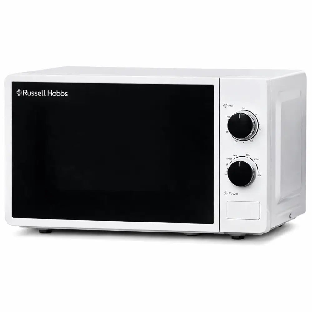 Russell Hobbs white manual microwave oven 17 litre 700W with black control dials and dark interior viewing window