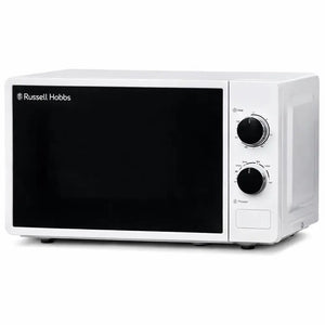 Russell Hobbs white manual microwave oven 17 litre 700W with black control dials and dark interior viewing window