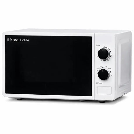 Russell Hobbs white manual microwave oven 17 litre 700W with black control dials and dark interior viewing window
