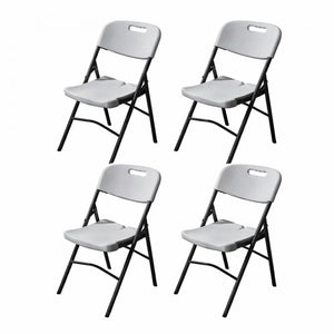 Four white blow moulded folding chairs with black metal frames arranged in a 2x2 grid, featuring carrying handles on the backrest and sturdy leg braces