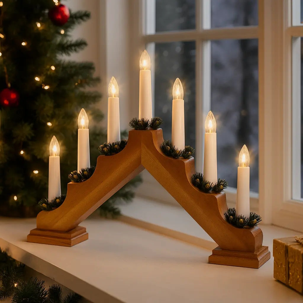 Lumineo Traditional 7 Light Wooden Candlebridge in light oak with black fur trim, featuring cream LED candles, displayed on a windowsill with Christmas tree and decorations in background