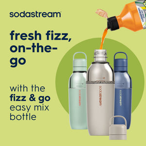 SodaStream fizz and go easy mix bottle collection featuring three insulated bottles in light mint, silver, and navy blue with handles, displayed with an orange SodaStream syrup bottle pouring into the center silver bottle on a yellow-green background