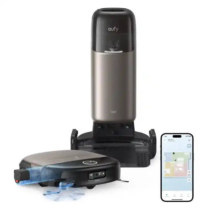 Eufy RoboVac Omni S2 black robotic vacuum with silver docking station, cleaning pads, and smartphone app display showing room mapping