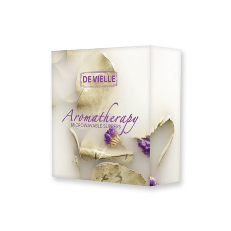 De Vielle Aromatherapy microwaveable slippers in cream and grey with purple floral accents shown in packaging
