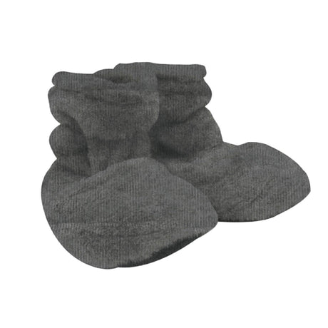 Grey microwaveable heated slippers with textured fabric, featuring gathered cuff design and plush cushioned soles for comfort and warmth