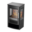 Black electric stove heater with realistic flame effect display, glass front door with chrome handle, ventilation grille and flat metal top, 1800w De Vielle model on white background