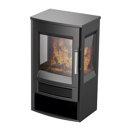 Black electric stove heater with realistic flame effect display, glass front door with chrome handle, ventilation grille and flat metal top, 1800w De Vielle model on white background