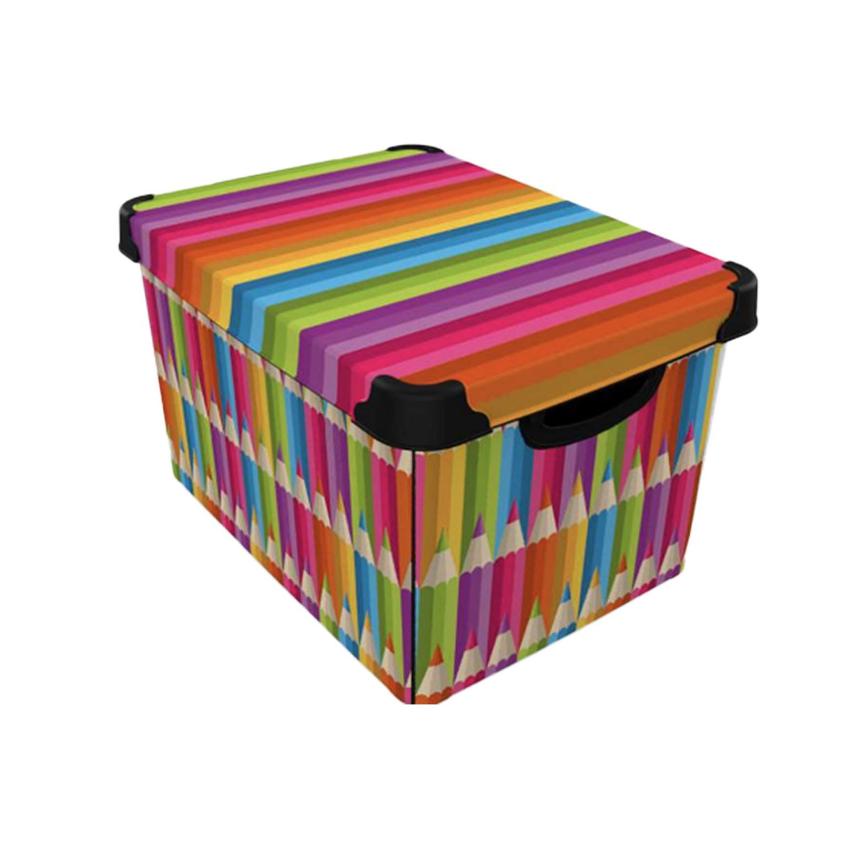 Colourful De Vielle Deco 22 litre storage box with rainbow pencil design, black handles and lid featuring bright multi-coloured stripes and sharpened pencil motifs on sides