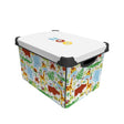 De Vielle Deco 22 Litre Zoo Storage Box with white lid, black handles and colorful animal print design featuring elephants, giraffes, lions and tropical leaves in red, yellow, green and blue tones