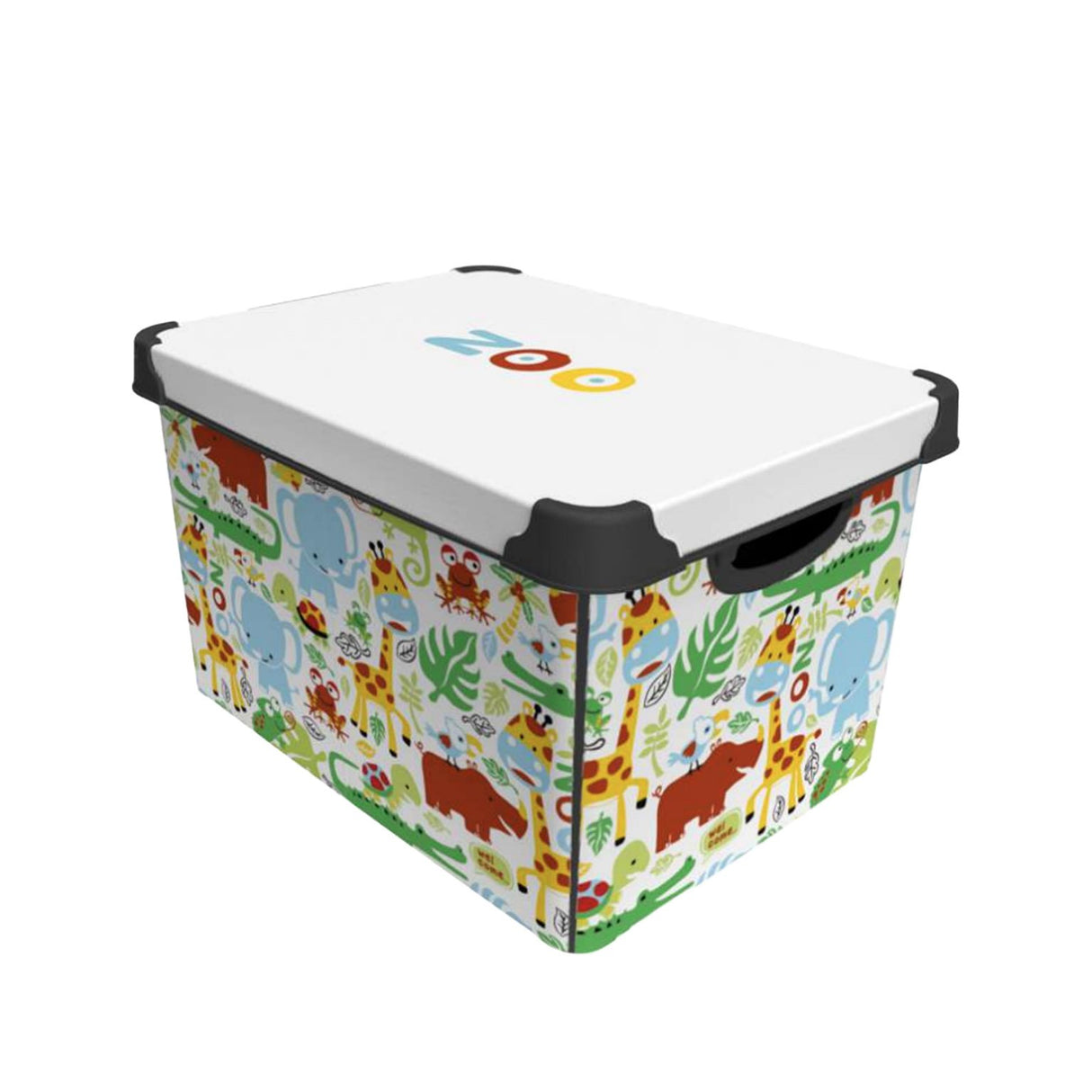 De Vielle Deco 22 Litre Zoo Storage Box with white lid, black handles and colorful animal print design featuring elephants, giraffes, lions and tropical leaves in red, yellow, green and blue tones