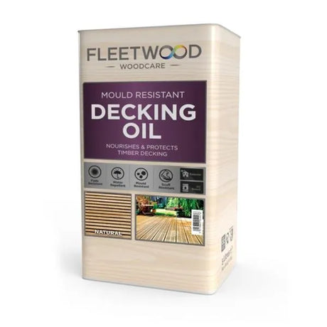 Fleetwood Mould Resistant Decking Oil 5 litre container in natural finish with cream and purple packaging showing product features and decking application images